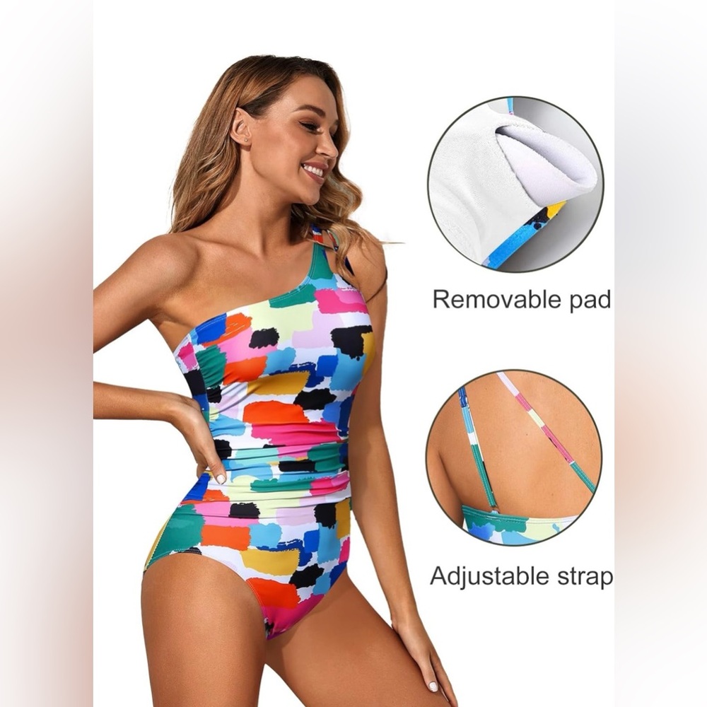 Vibrant Abstract One-Shoulder Swimsuit - Picture 2 of 2